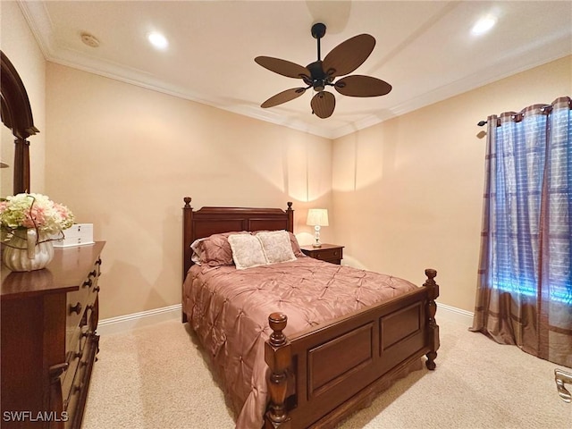 12125 Via Cercina Dr, Bonita Springs, FL 34135 - carpeted bedroom featuring ceiling fan, baseboards, ornamental molding, and recessed lighting
