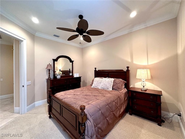 12125 Via Cercina Dr, Bonita Springs, FL 34135 - bedroom featuring baseboards, visible vents, light colored carpet, ceiling fan, and crown molding