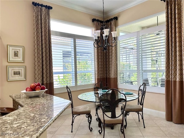 12125 Via Cercina Dr, Bonita Springs, FL 34135 - dining space featuring baseboards, crown molding, a chandelier, and light tile patterned floors