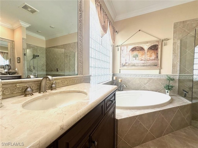 12125 Via Cercina Dr, Bonita Springs, FL 34135 - full bath with a bath, visible vents, a shower stall, and ornamental molding