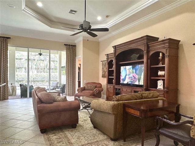 12125 Via Cercina Dr, Bonita Springs, FL 34135 - living room featuring a tray ceiling, visible vents, ornamental molding, and ceiling fan