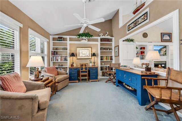 3098 Greenflower Ct, Bonita Springs, FL 34134 - living area featuring light carpet, ceiling fan, and high vaulted ceiling