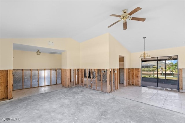6181 Plumosa Ave, Fort Myers, FL 33908 - spare room with tile patterned flooring, visible vents, ceiling fan with notable chandelier, and lofted ceiling