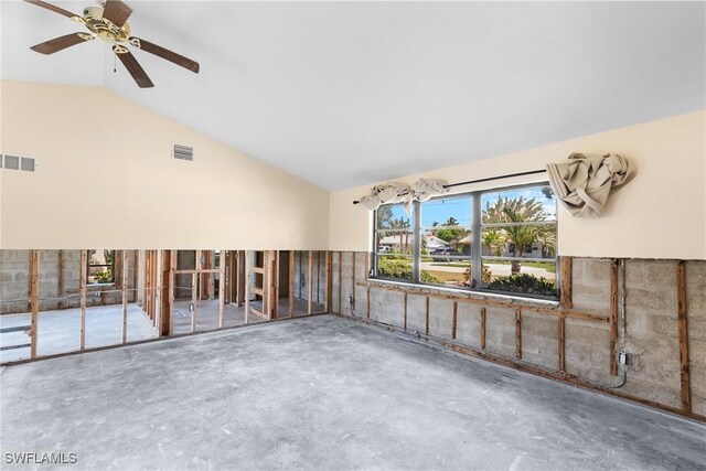 6181 Plumosa Ave, Fort Myers, FL 33908 - unfurnished room featuring lofted ceiling, ceiling fan, visible vents, and unfinished concrete floors