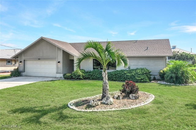 6181 Plumosa Ave, Fort Myers, FL 33908 - ranch-style home with a garage, driveway, a shingled roof, and a front lawn