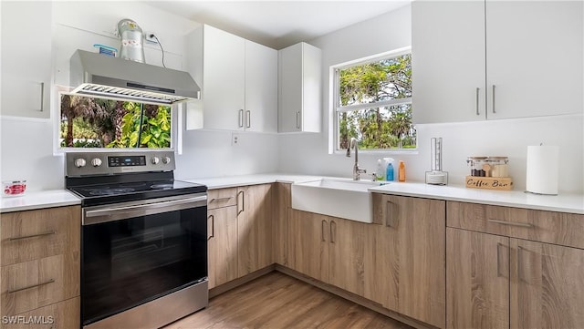 2920 24th Ave SE, Naples, FL 34117 - kitchen featuring a sink, stainless steel electric range, modern cabinets, light countertops, and under cabinet range hood