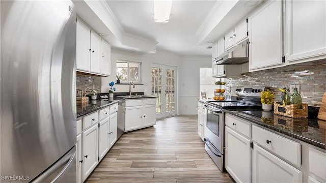 2920 24th Ave SE, Naples, FL 34117 - kitchen with under cabinet range hood, white cabinets, appliances with stainless steel finishes, and a sink