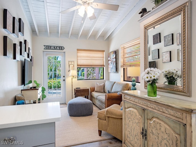 1055 8th Ave N, Naples, FL 34102 - sitting room with wood finished floors, beam ceiling, wood ceiling, and ceiling fan