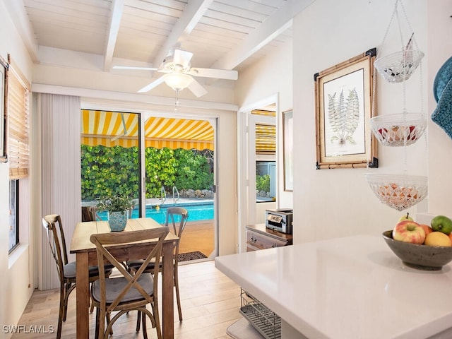 1055 8th Ave N, Naples, FL 34102 - dining space featuring wood ceiling, ceiling fan, beamed ceiling, and light wood-style flooring