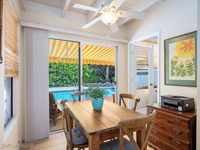 1055 8th Ave N, Naples, FL 34102 - dining room featuring light wood-style flooring, beam ceiling, and ceiling fan