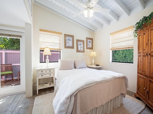 1055 8th Ave N, Naples, FL 34102 - bedroom featuring wood finished floors, wood ceiling, lofted ceiling with beams, access to outside, and ceiling fan