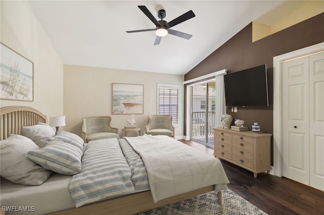 3770 Fieldstone Blvd Unit 1508, Naples, FL 34109 - bedroom with high vaulted ceiling, access to outside, ceiling fan, and dark wood-style flooring