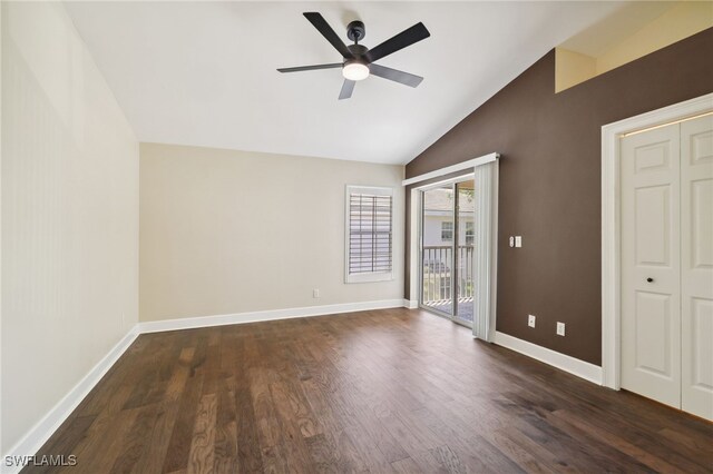 3770 Fieldstone Blvd Unit 1508, Naples, FL 34109 - interior space featuring dark wood-type flooring, vaulted ceiling, baseboards, and ceiling fan