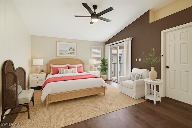 3770 Fieldstone Blvd Unit 1508, Naples, FL 34109 - bedroom with lofted ceiling, access to exterior, ceiling fan, and wood finished floors