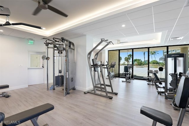 exercise room with baseboards, light wood-style flooring, a tray ceiling, and a wall of windows