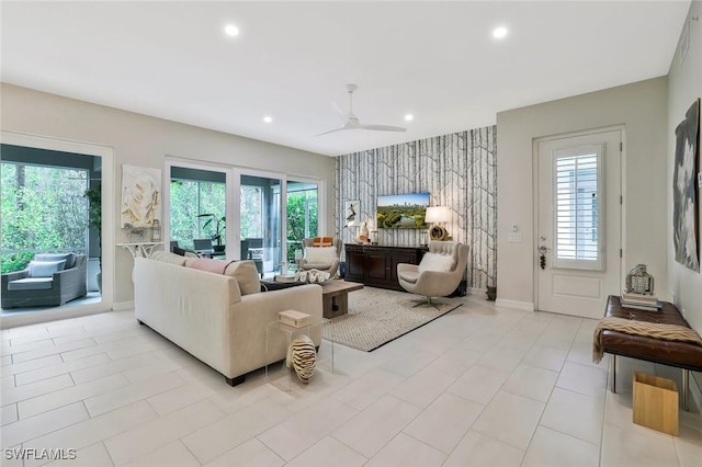 190 Indies Dr E Unit 102, Naples, FL 34114 - living area with a wealth of natural light, recessed lighting, ceiling fan, and an accent wall