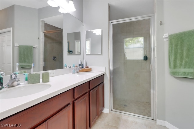 bathroom featuring double vanity, a shower stall, tile patterned flooring, and a sink