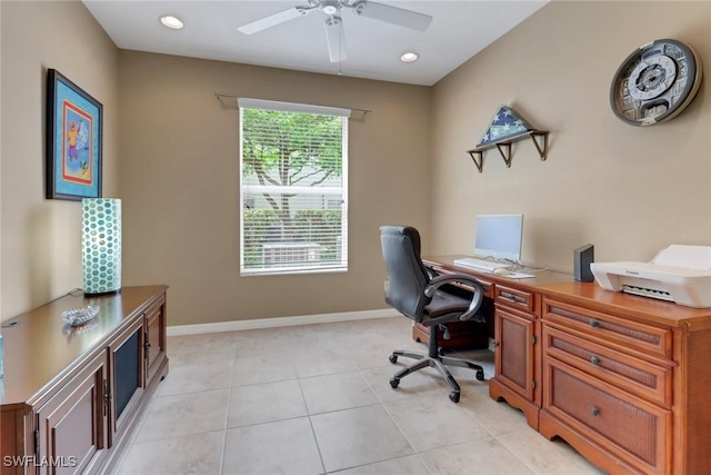 office area with recessed lighting, a ceiling fan, baseboards, and light tile patterned floors