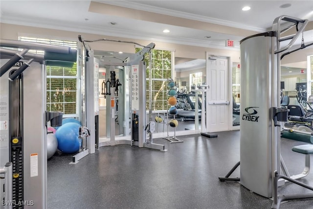 gym with recessed lighting and ornamental molding