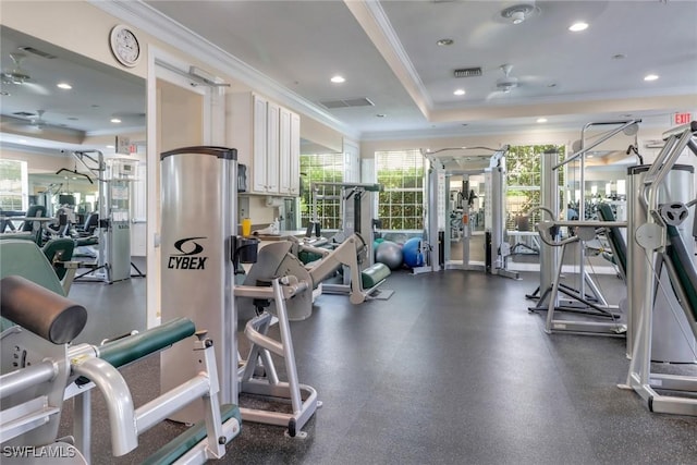 gym featuring crown molding, visible vents, and recessed lighting