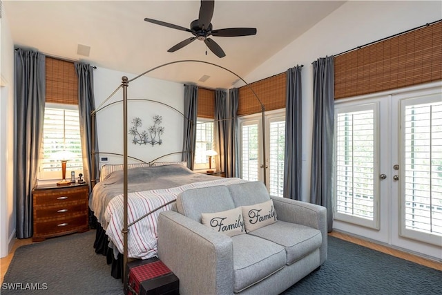 bedroom featuring ceiling fan, access to exterior, french doors, and lofted ceiling