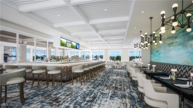 14356 Harbour Landings Dr Unit 6C, Fort Myers, FL 33908 - bar area with a chandelier, beamed ceiling, coffered ceiling, and recessed lighting