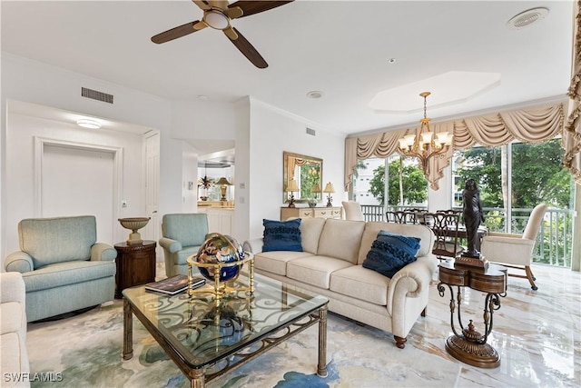 14356 Harbour Landings Dr Unit 6C, Fort Myers, FL 33908 - living area with ceiling fan, a chandelier, and ornamental molding
