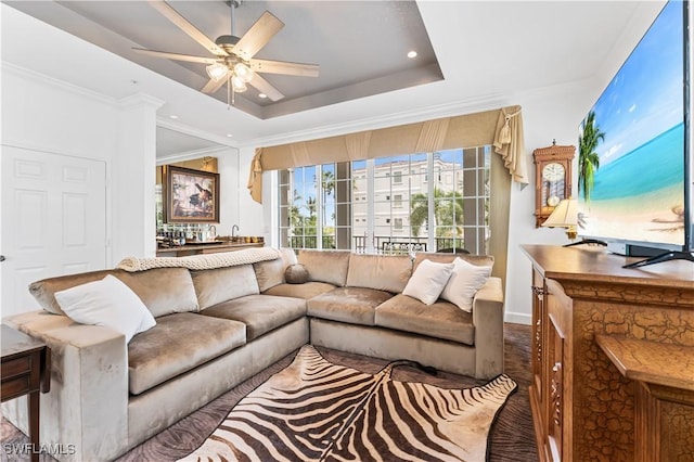 14356 Harbour Landings Dr Unit 6C, Fort Myers, FL 33908 - living area with recessed lighting, ceiling fan, crown molding, a tray ceiling, and baseboards