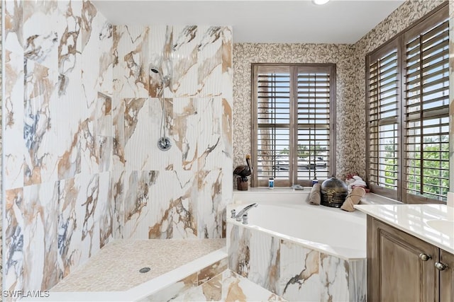 14356 Harbour Landings Dr Unit 6C, Fort Myers, FL 33908 - full bathroom featuring wallpapered walls, a bath, a marble finish shower, and vanity