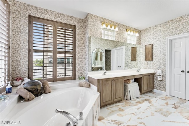 14356 Harbour Landings Dr Unit 6C, Fort Myers, FL 33908 - full bathroom with wallpapered walls, double vanity, and a bath