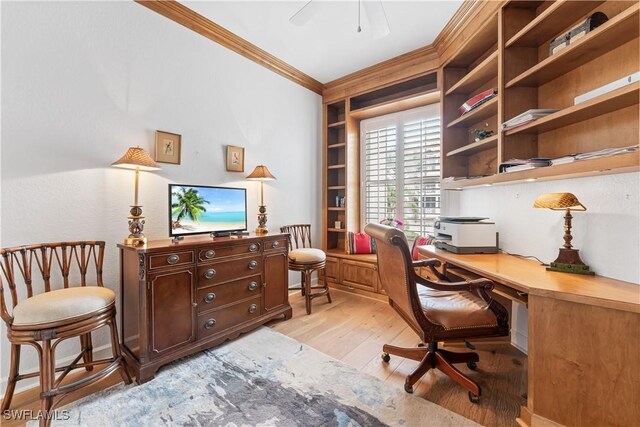 14356 Harbour Landings Dr Unit 6C, Fort Myers, FL 33908 - office area with light wood-type flooring, crown molding, a ceiling fan, and built in features