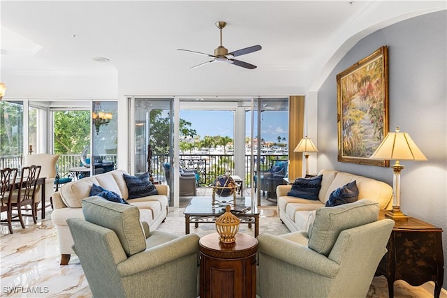 14356 Harbour Landings Dr Unit 6C, Fort Myers, FL 33908 - living room with a ceiling fan and marble tiled floors