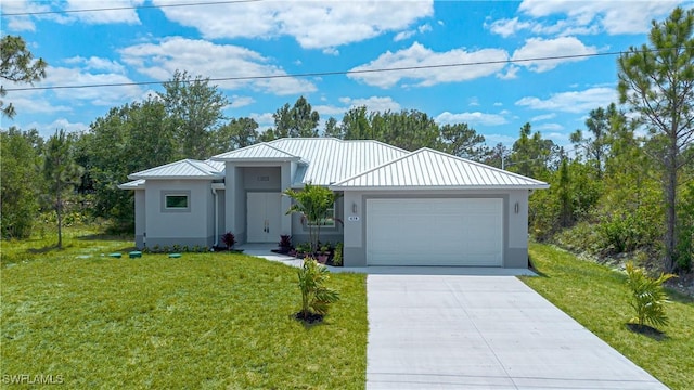ranch-style house with a garage, stucco siding, concrete driveway, and a front lawn