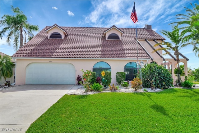 4607 SW 5th Pl, Cape Coral, FL 33914 - mediterranean / spanish-style home with stucco siding, a front lawn, concrete driveway, an attached garage, and a tiled roof