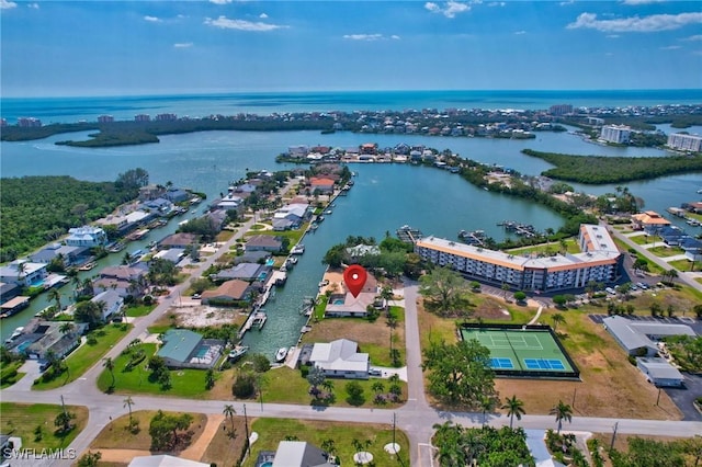 bird's eye view with a water view