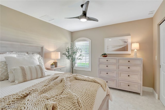 bedroom featuring baseboards, visible vents, and a ceiling fan