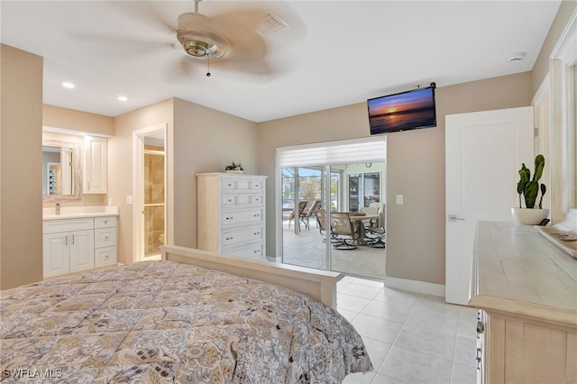 bedroom with light tile patterned floors, access to exterior, ensuite bathroom, baseboards, and visible vents
