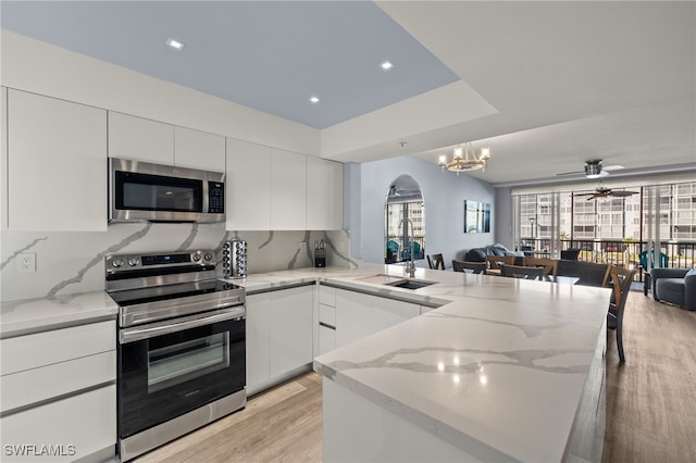 kitchen featuring a peninsula, open floor plan, white cabinets, a sink, and appliances with stainless steel finishes