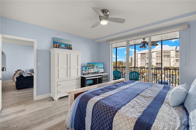 bedroom featuring access to outside, baseboards, ceiling fan, and light wood finished floors