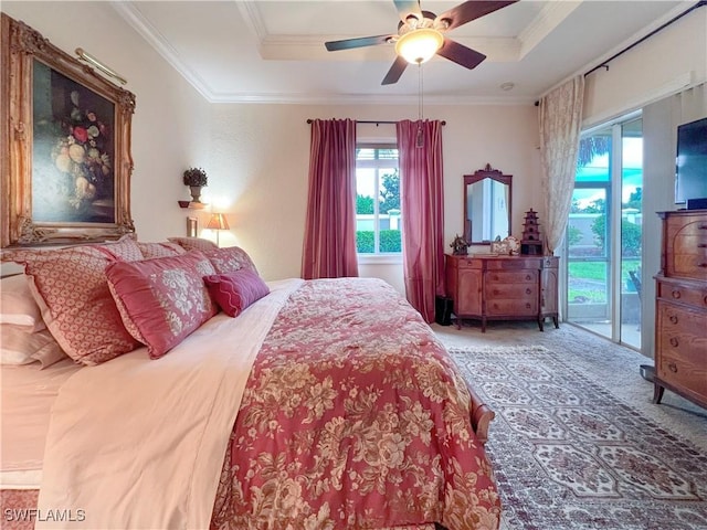 8799 Spring Mountain Way, Fort Myers, FL 33908 - bedroom with carpet floors, ornamental molding, a tray ceiling, and access to exterior