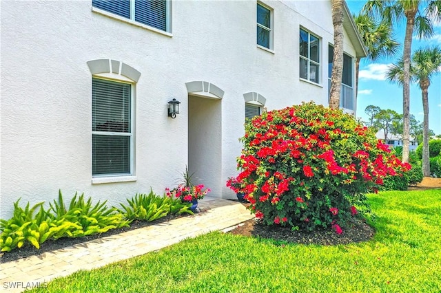27071 Lake Harbor Ct Unit 103, Bonita Springs, FL 34134 - doorway to property featuring stucco siding and a lawn