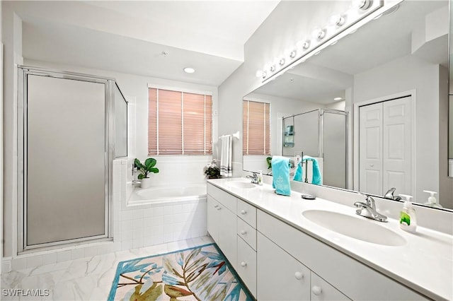 27071 Lake Harbor Ct Unit 103, Bonita Springs, FL 34134 - full bath featuring double vanity, a stall shower, a bath, recessed lighting, and a closet