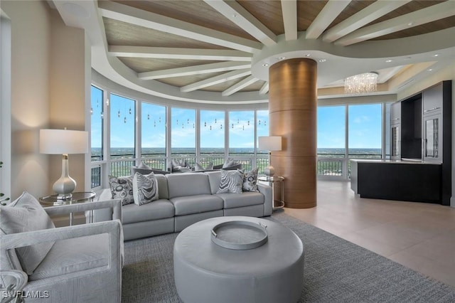 lobby with beam ceiling and recessed lighting