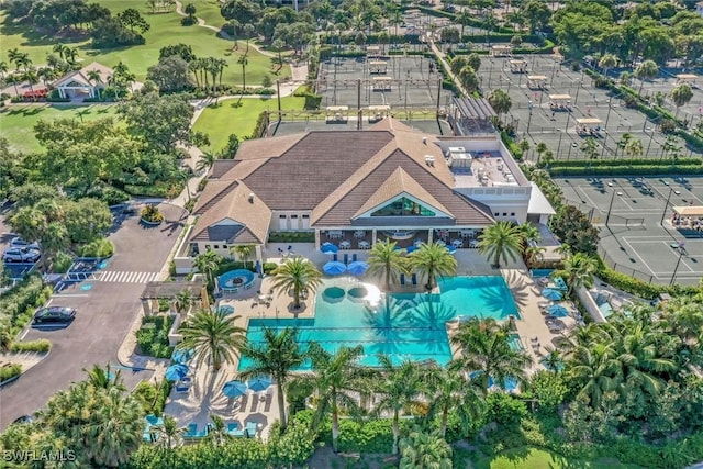 aerial overview of property's location with a pool