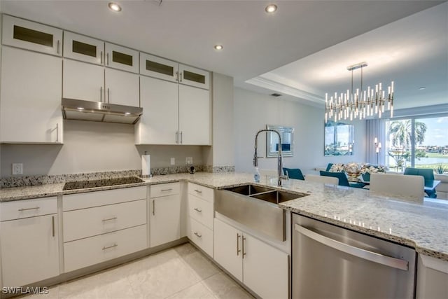 kitchen with white cabinets, under cabinet range hood, dishwasher, a sink, and black electric stovetop