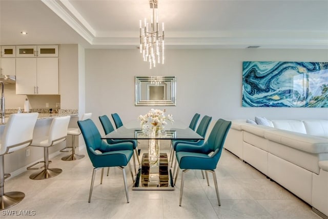 dining area featuring light tile patterned floors, a tray ceiling, a notable chandelier, visible vents, and recessed lighting