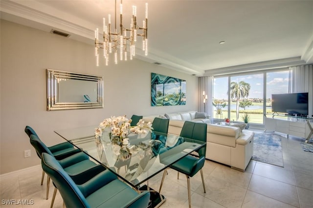 dining area with visible vents, a chandelier, and light tile patterned flooring