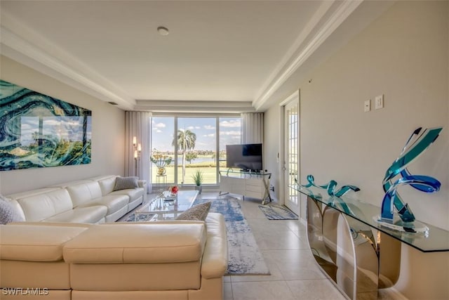 living area featuring light tile patterned flooring