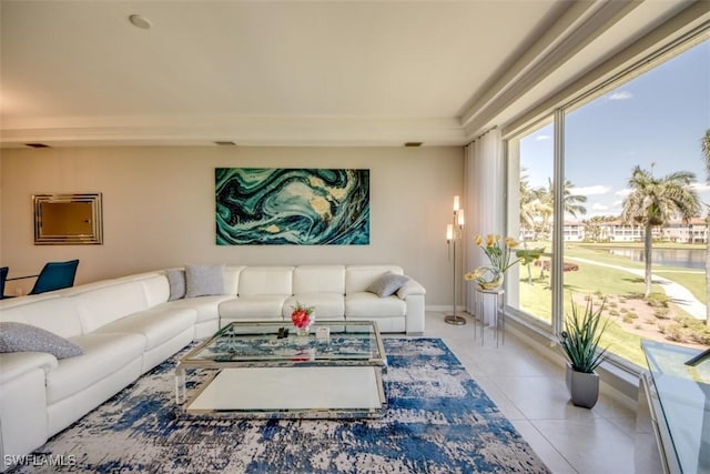living area with tile patterned floors, baseboards, and a water view