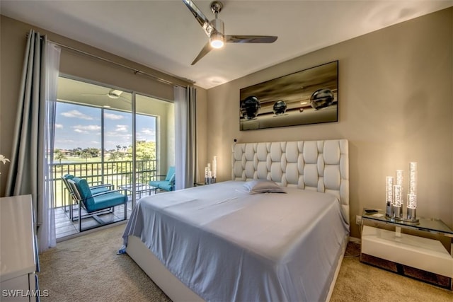 carpeted bedroom with a ceiling fan and access to outside
